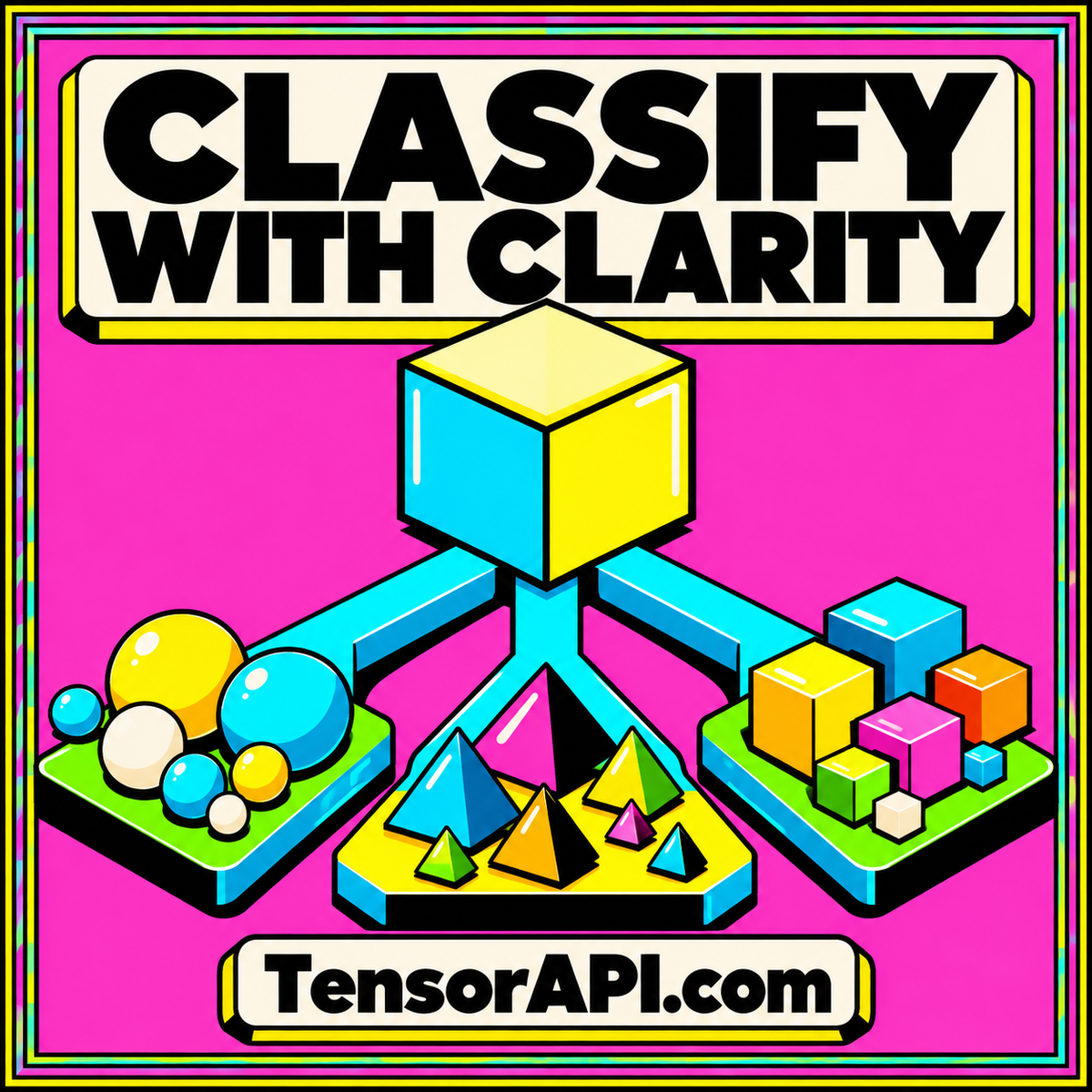 A bold branching classification illustration groups bright geometric shapes under Classify with Clarity.