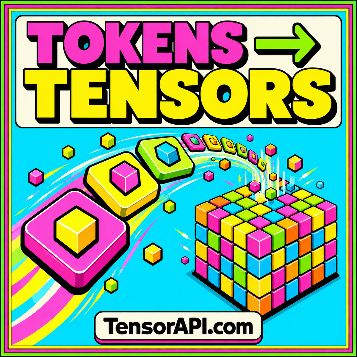 Colorful token tiles flow into an isometric tensor beneath Tokens to Tensors typography.