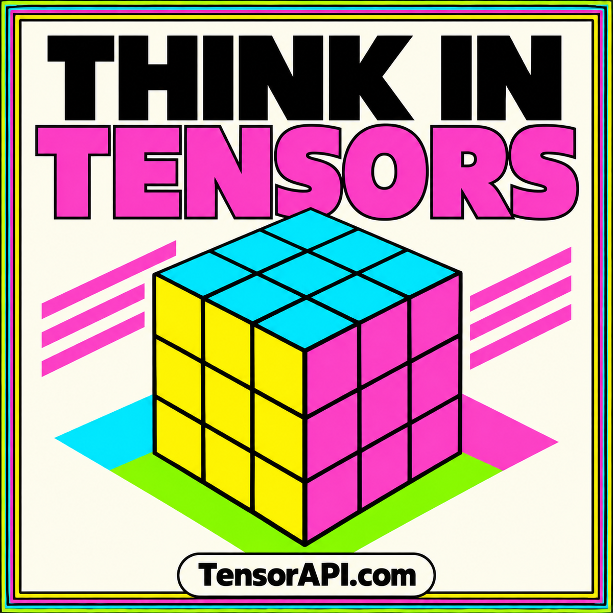 Neon isometric tensor cube with the headline Think in Tensors and TensorAPI.com branding.