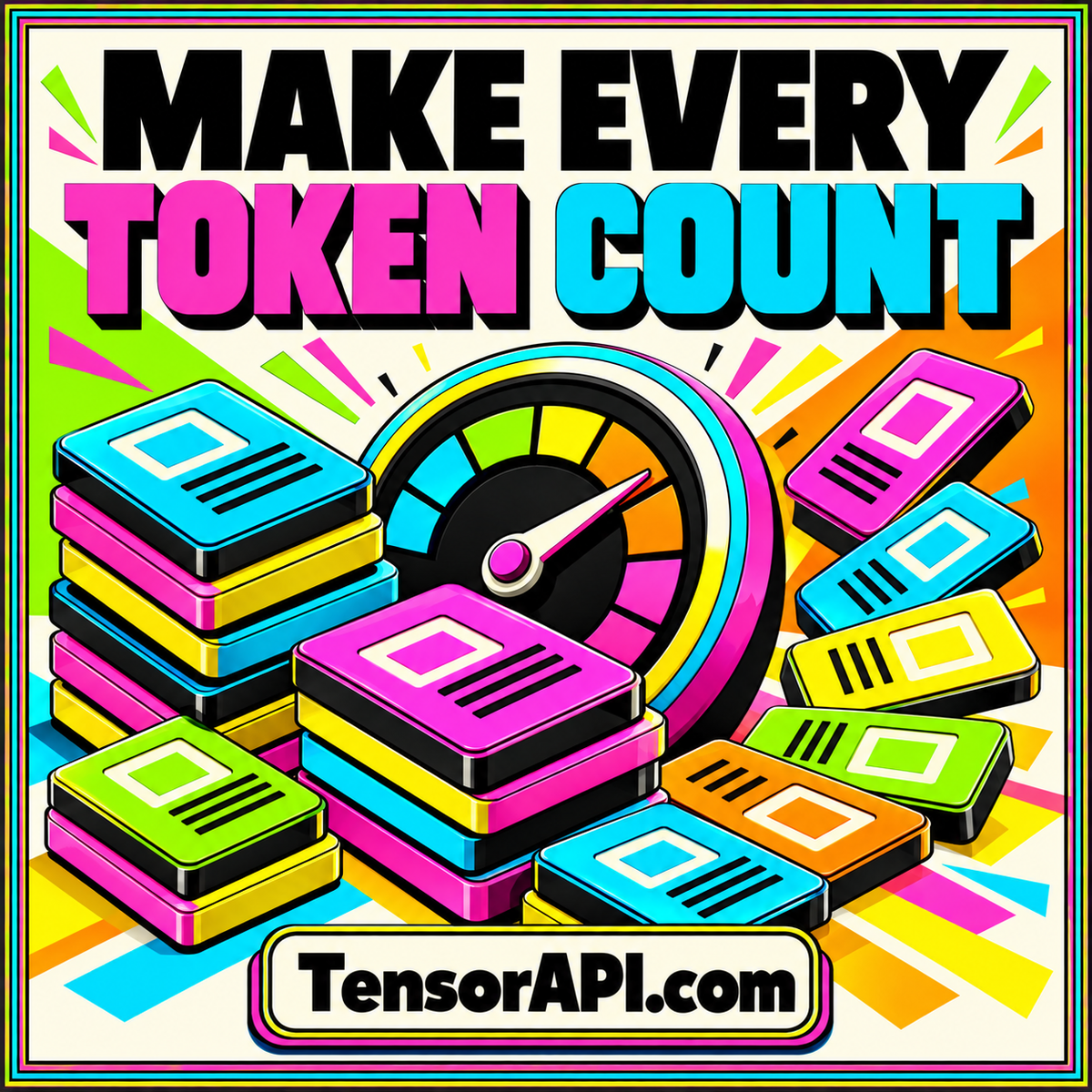 Vivid stacked data chips and a circular gauge accompany Make Every Token Count typography.