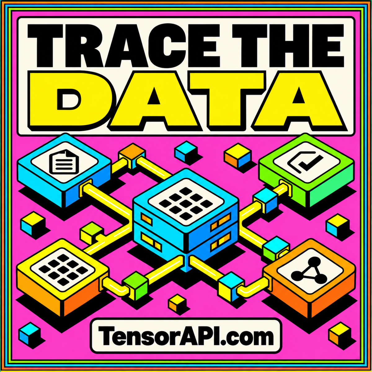 A vivid linked network of data provenance nodes with Trace the Data and TensorAPI.com typography.